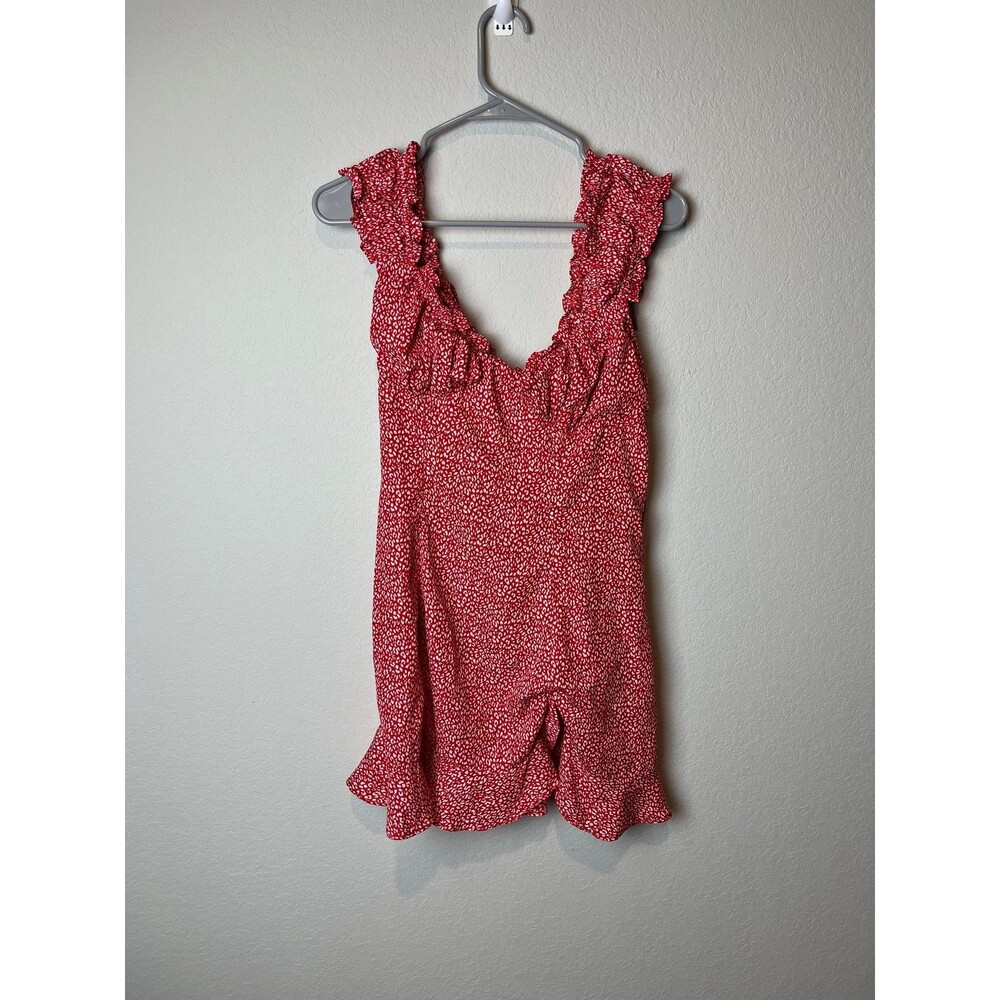 Reset Romper Womens Large Red White Ruffle Sleeveless‎ V Neck Tie Back